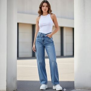 NWT COMMENSE Asymmetric Cross Waist Wide Leg Jeans - Light Blue Wash - XS (US 2)